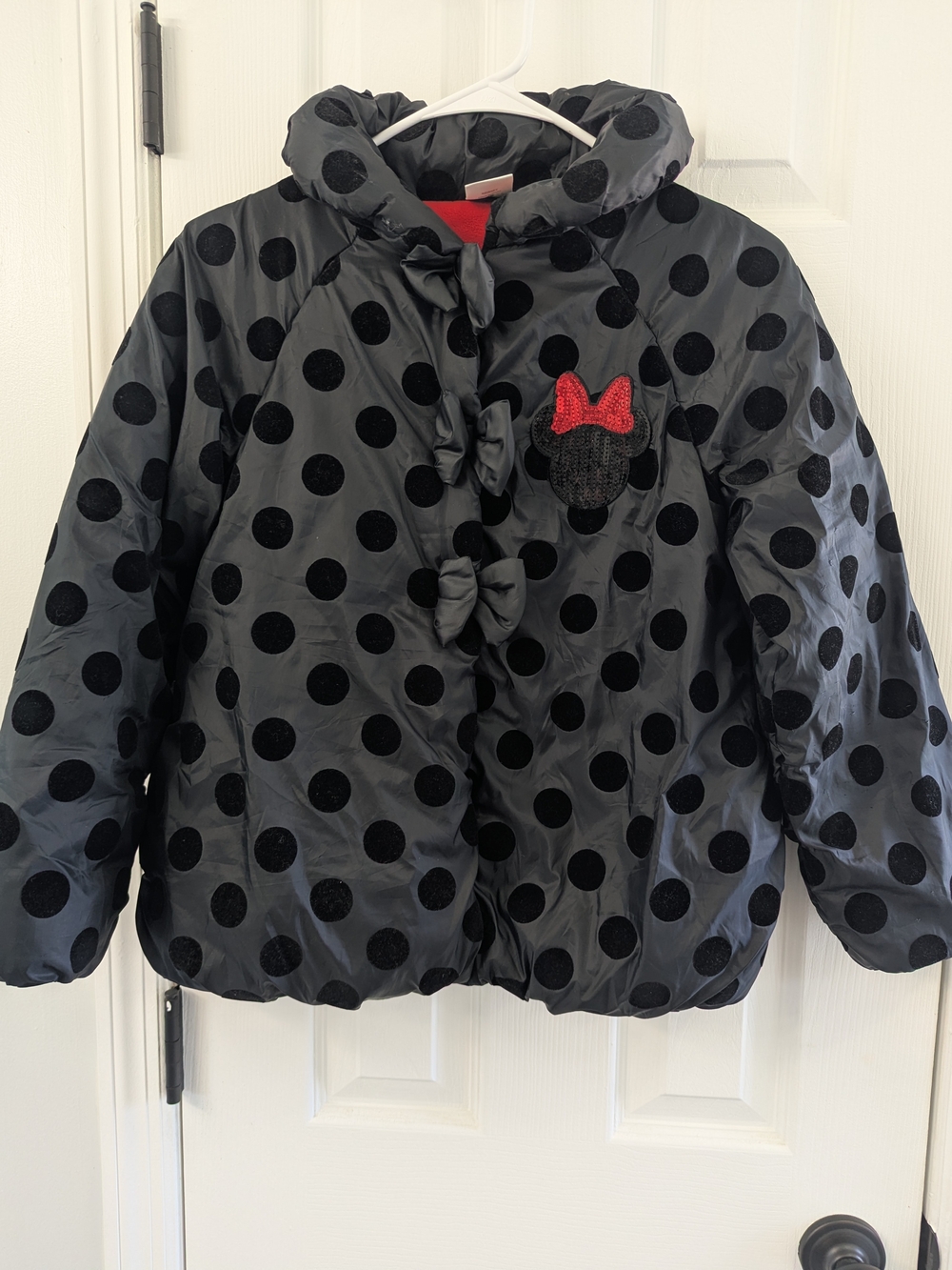 Disney Black Polka Dot Hooded Puffer Jacket with Red Bow Patch